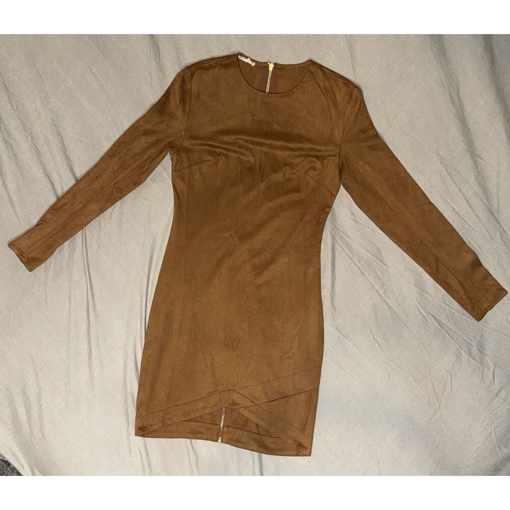 Mistress Rocks Tan Brown Faux Suede Long Sleeve Mini Dress M ASO Kylie Jenner